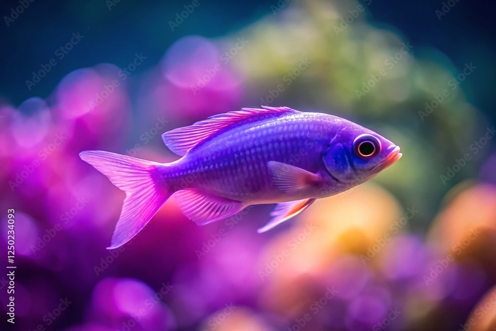 Fototapeta premium Minimalist Aquarium: Tiny Violet Tropical Fish in Crystal Clear Water