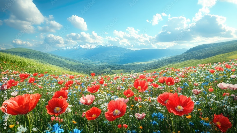 Vibrant meadow filled with red poppies and wildflowers under a bright blue sky in a serene landscape Vibrant meadow filled with red poppies and wildflowers under a bright blue sky in a serene landscape