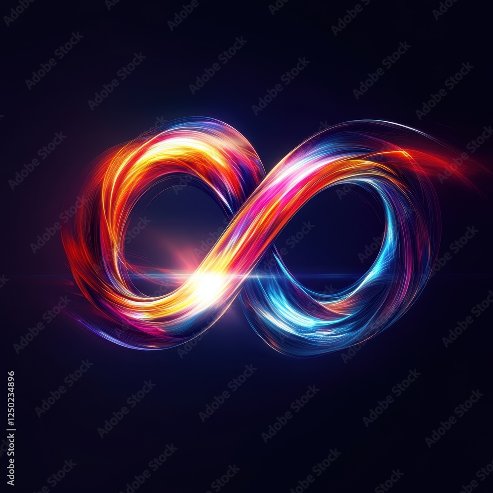 Infinity symbol, vibrant colours, dynamic motion, glowing effect on dark background Infinity symbol, vibrant colours, dynamic motion, glowing effect on dark background