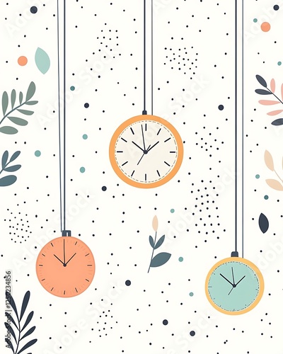 Hanging clocks, floral background, whimsical design, time concept