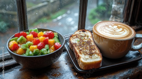 Colorful fruit salad and toasted bread with latte on a rainy caf? window sill, cozy ambiance