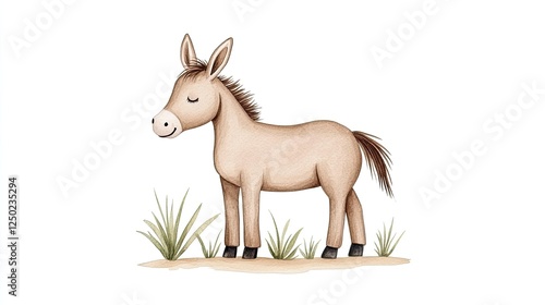 Cute cartoon donkey standing peacefully on grass with a serene expression in a simple background photo