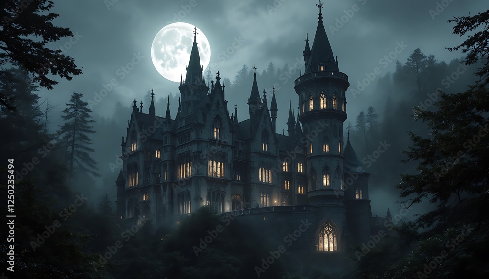 Enigmatic Gothic Castle: Moonlit Night, Mysterious Forest Enigmatic Gothic Castle: Moonlit Night, Mysterious Forest