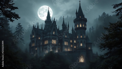 Enigmatic Gothic Castle: Moonlit Night, Mysterious Forest photo