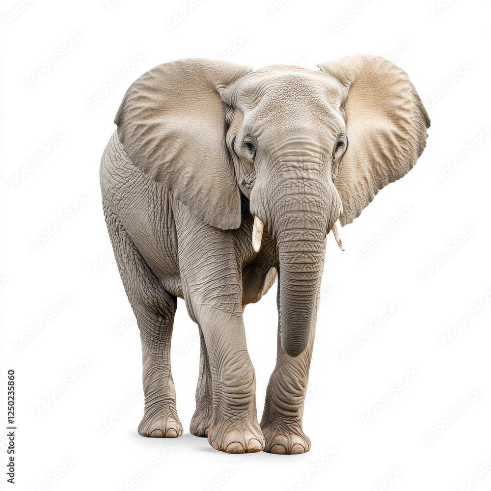 Obraz premium Majestic Elephant Standing with Outstretched Ears Against a White Background