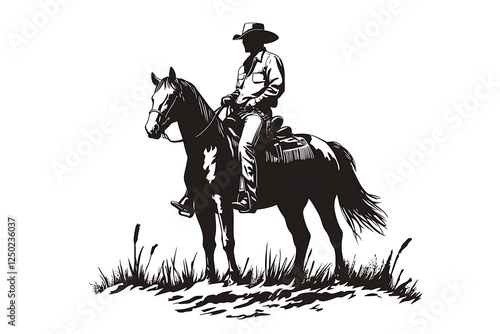 Cowboy on Horse, Field, Silhouette