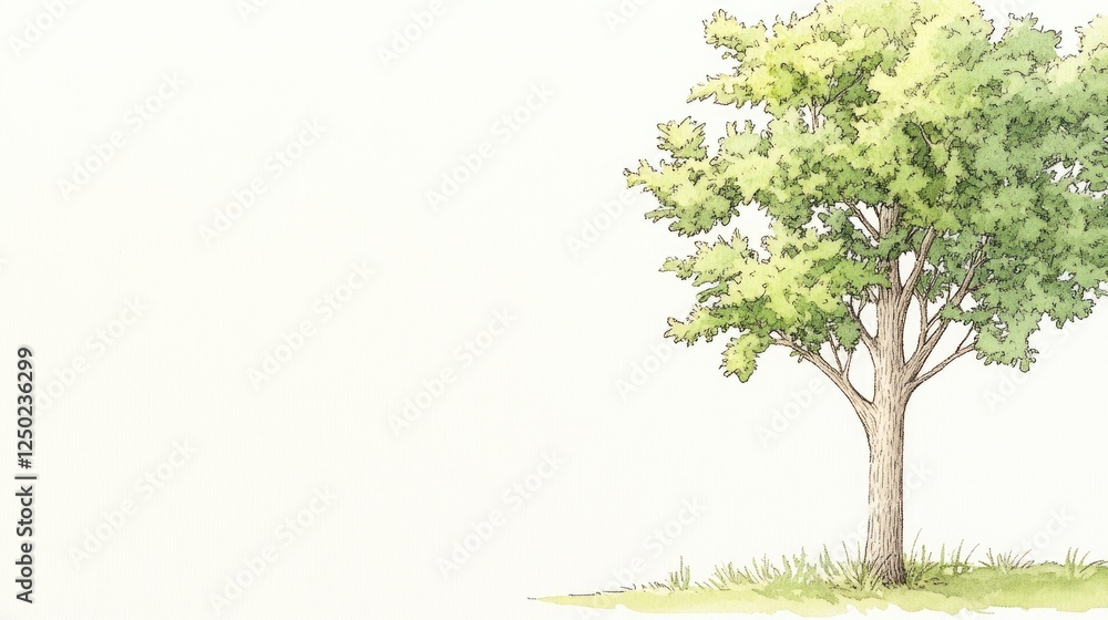 A solitary green tree stands on a grassy area against a light background, evoking tranquility A solitary green tree stands on a grassy area against a light background, evoking tranquility