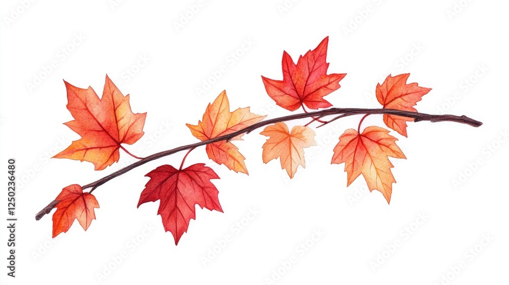 Vibrant autumn leaves in shades of red and orange arranged on a delicate branch, isolated Vibrant autumn leaves in shades of red and orange arranged on a delicate branch, isolated