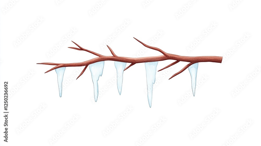 Fototapeta premium Icicles hanging from a bare branch against a white background, evoking winter's chill and beauty