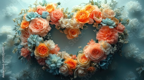 Wallpaper Mural Heart-shaped floral arrangement featuring vibrant roses and soft blue flowers against a serene backdrop Torontodigital.ca