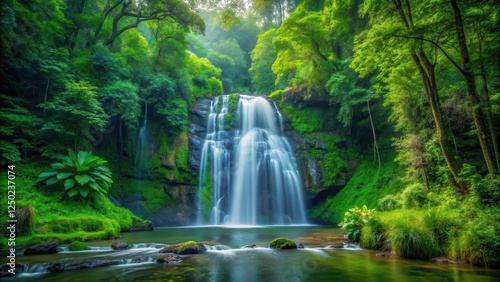 Waterfall in dense forest surroundings lush greenery trees foliage, lush green, treefoliage, lush green,treefoliage