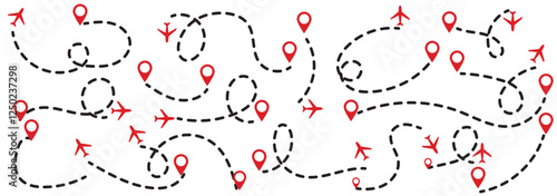 Print Set of airplane routes in dashed line trace. Plane route lines of aircraft tracking, location pins, planes, travel, map pins on white background. 1176