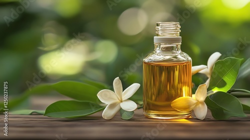 Essential oil in a bottle surrounded by green leaves and flowers. photo