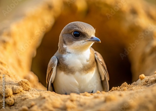 Minimalist Sand Martin Bird in Sandy Riverbank Burrow photo