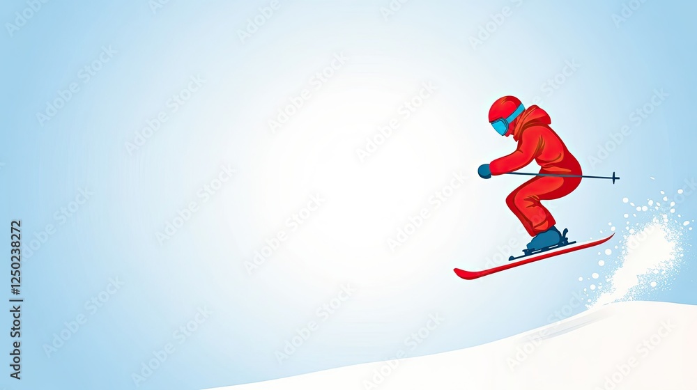 Skier in Red Outfit Gliding Down Snowy Slope Against Clear Blue Sky, Capturing Winter Fun Skier in Red Outfit Gliding Down Snowy Slope Against Clear Blue Sky, Capturing Winter Fun