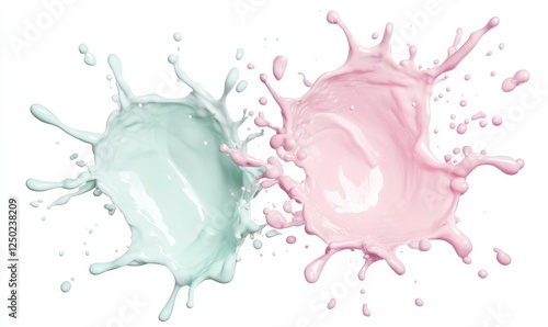Pastel pink and mint liquid splashes collide, isolated on white background, ideal for food or beverage advertising