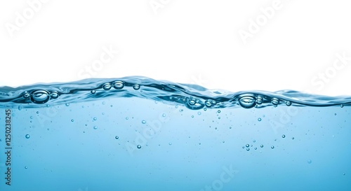 Clear Blue Water Surface with Bubbles Against White Background Studio Shot