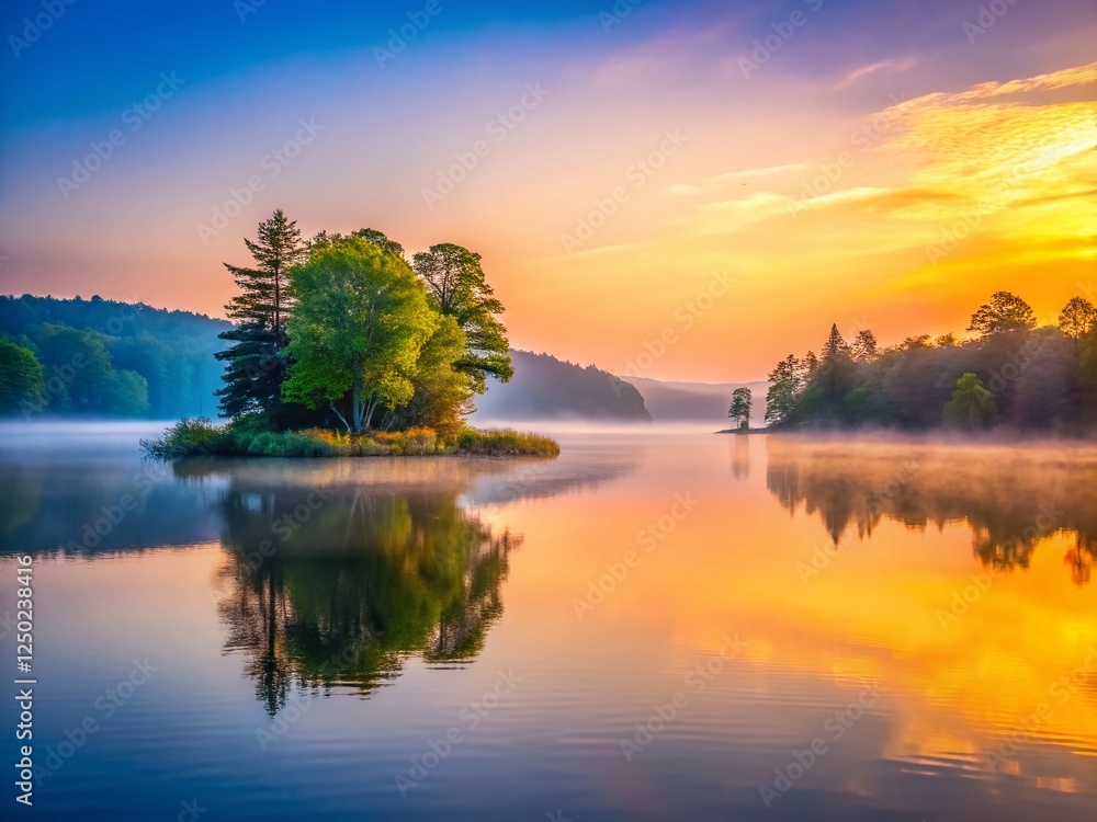 Fototapeta premium Minimalist Sunrise over Serene New York Lake: Calm Water, Misty Dawn