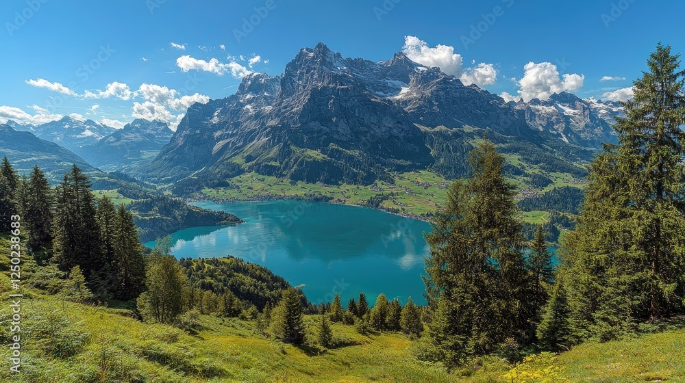 Fototapeta premium Majestic mountain landscape with a serene lake and lush greenery under a clear blue sky