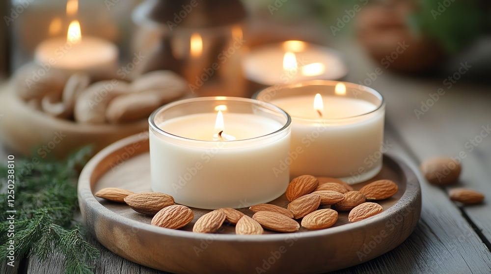 Relaxing ambiance with candles and almonds creating a cozy setting. Relaxing ambiance with candles and almonds creating a cozy setting.