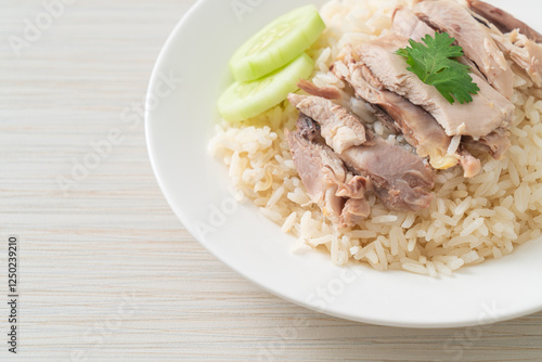 Hainanese Chicken Rice or steamed rice with chicken photo