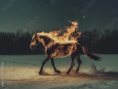 A fire horse trotting in a snowy environment, flames surrounding its body, Chinese New Year 2026 celebration. photo