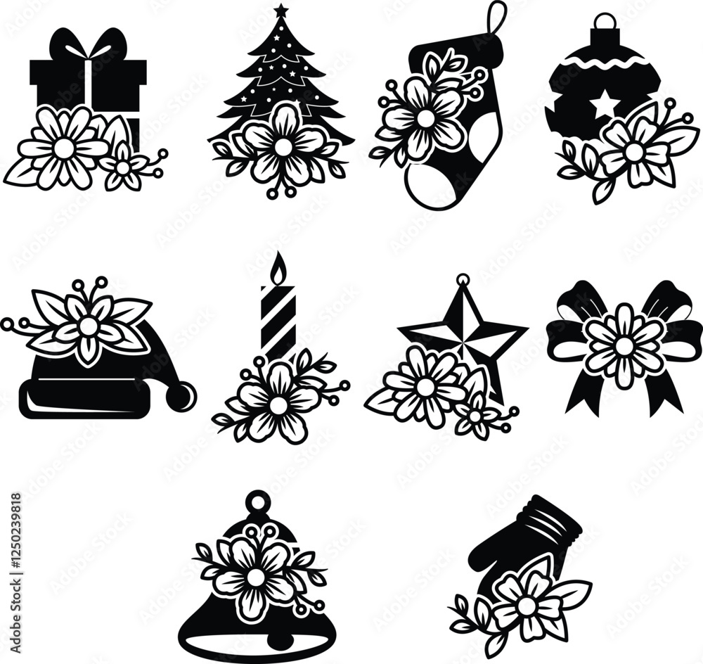 Obraz premium Set Of Flowers Christmas Element SVG