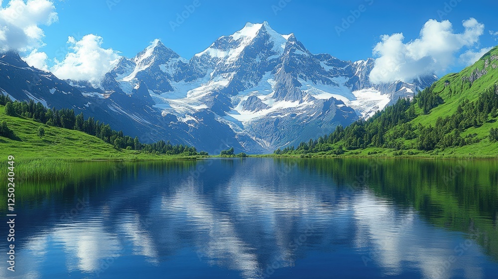 Majestic mountain landscape reflecting in a serene lake under a clear blue sky Majestic mountain landscape reflecting in a serene lake under a clear blue sky