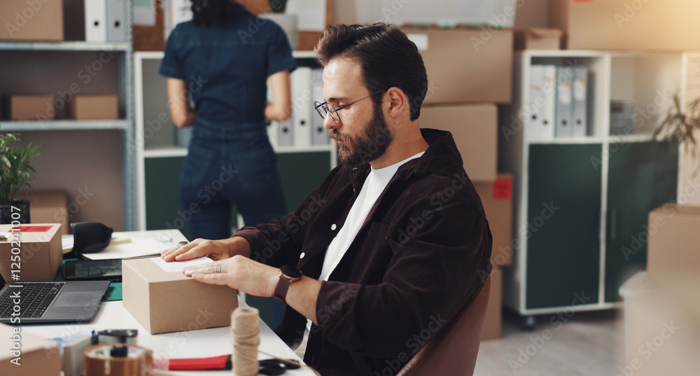 Businessman, box and label with package for logistics, online delivery or distribution at storage warehouse. Man, distributor or employee packing cargo for supply chain, ecommerce or freight service Businessman, box and label with package for logistics, online delivery or distribution at storage warehouse. Man, distributor or employee packing cargo for supply chain, ecommerce or freight service