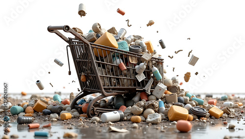 A simple 3D render of a shopping cart overflowing with items spilling into a landfill, symbolizing consumerism and waste, placed on a plain white background. photo