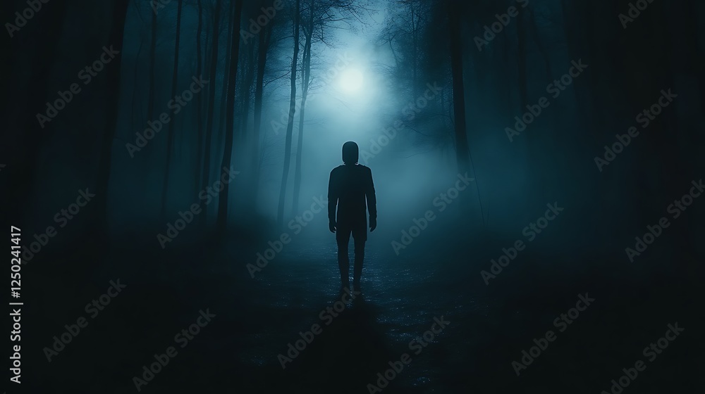 Foggy forest, person walks, eerie moonlight Foggy forest, person walks, eerie moonlight