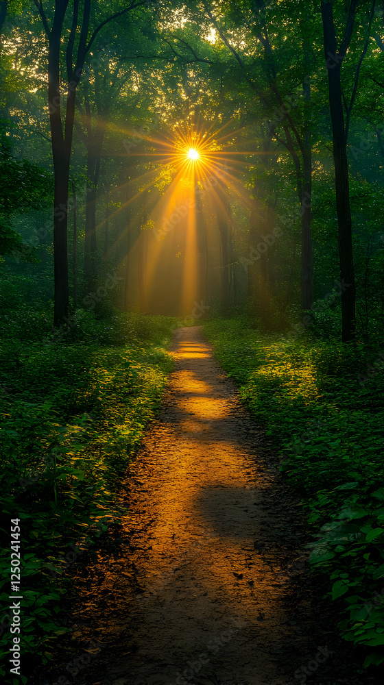 Obraz premium Golden Sunlight Path Through Misty Forest