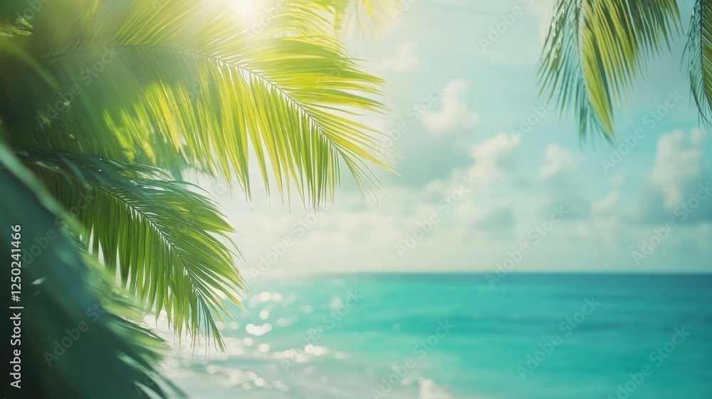 Paradise Beach Scene with Palm Leaves, Turquoise Water, and Bright Sunlight Paradise Beach Scene with Palm Leaves, Turquoise Water, and Bright Sunlight