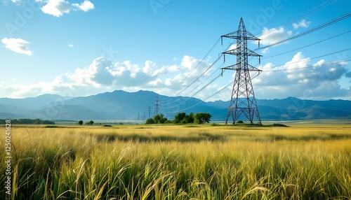 Golden Field Power Lines: Serene Landscape with Transmission Towers