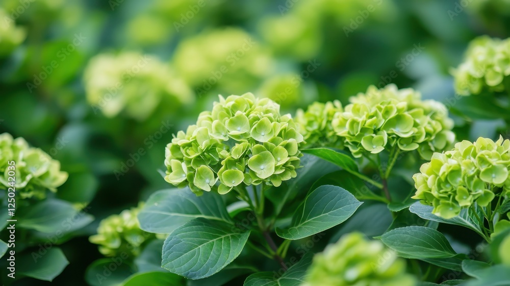 Fresh Green Hydrangea Blossoms in a Lush Garden Setting Fresh Green Hydrangea Blossoms in a Lush Garden Setting