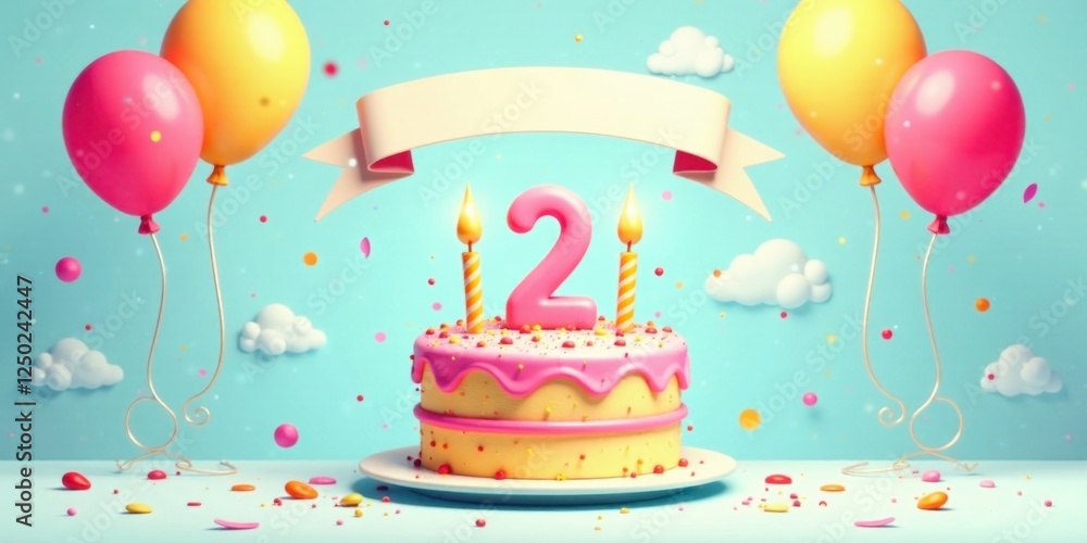 A Festive Second Birthday Cake Scene with Balloons and Confetti A Festive Second Birthday Cake Scene with Balloons and Confetti