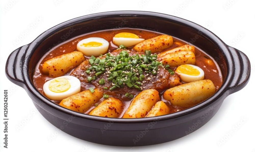 Spicy Korean Tteokbokki stew with eggs, served in a dark brown bowl on a white background; perfect for food blogs or restaurant menus Spicy Korean Tteokbokki stew with eggs, served in a dark brown bowl on a white background; perfect for food blogs or restaurant menus