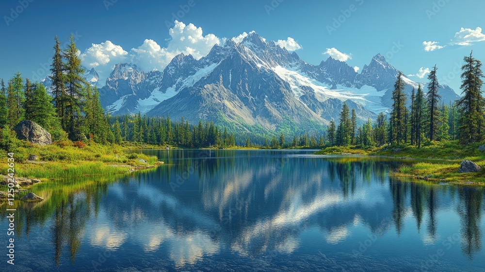Serene Mountain Landscape with Reflection on Calm Lake Surrounded by Lush Green Forests Serene Mountain Landscape with Reflection on Calm Lake Surrounded by Lush Green Forests