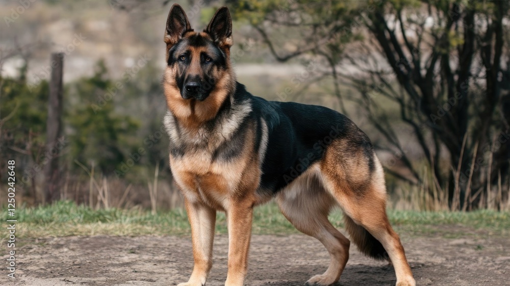 German shepherd dog, A German Shepherd dog stands alert on a dirt road, showcasing its strong build and attentive demeanor. German shepherd dog, A German Shepherd dog stands alert on a dirt road, showcasing its strong build and attentive demeanor.