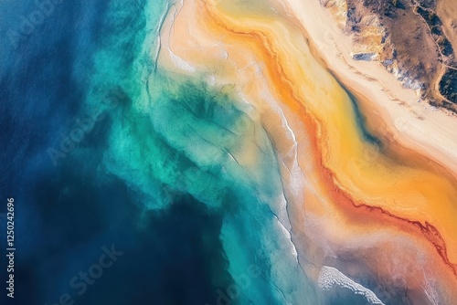 Aerial view of vibrant turquoise ocean meeting a sandy beach with orange and yellow hues. Perfect for travel, nature, or abstract design projects needing a calming, colorful aesthetic.