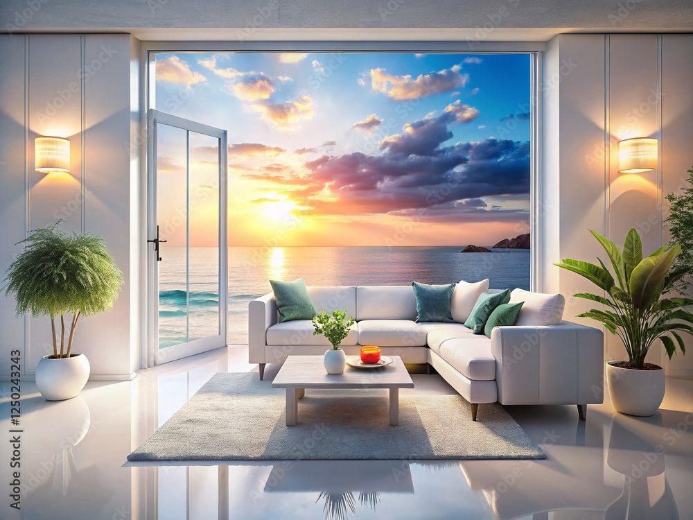 Fototapeta premium Modern White Living Room Sea View - Coastal Minimalist Interior Design 3D Render
