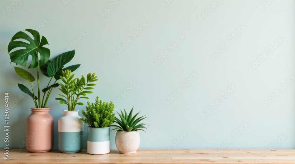 Serene Home Decor A Collection of Lush Green Plants in Stylish Pots on a Wooden Shelf Against a Light Teal Wall Serene Home Decor A Collection of Lush Green Plants in Stylish Pots on a Wooden Shelf Against a Light Teal Wall