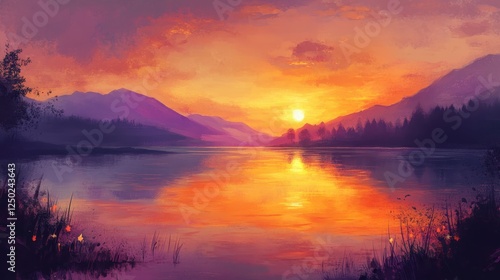 Wallpaper Mural Serene Lake Sunset Painting Vibrant Reflection, Purple Mountains, and Golden Sky Artwork Torontodigital.ca
