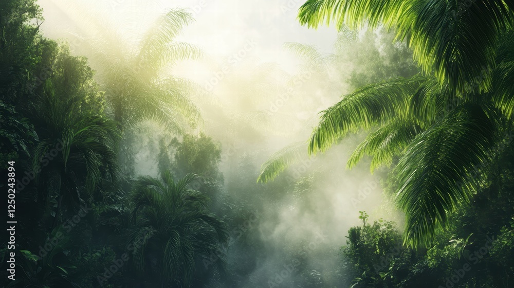 Naklejka premium Lush Tropical Jungle with Mist and Sunlight Filtering Through Leaves