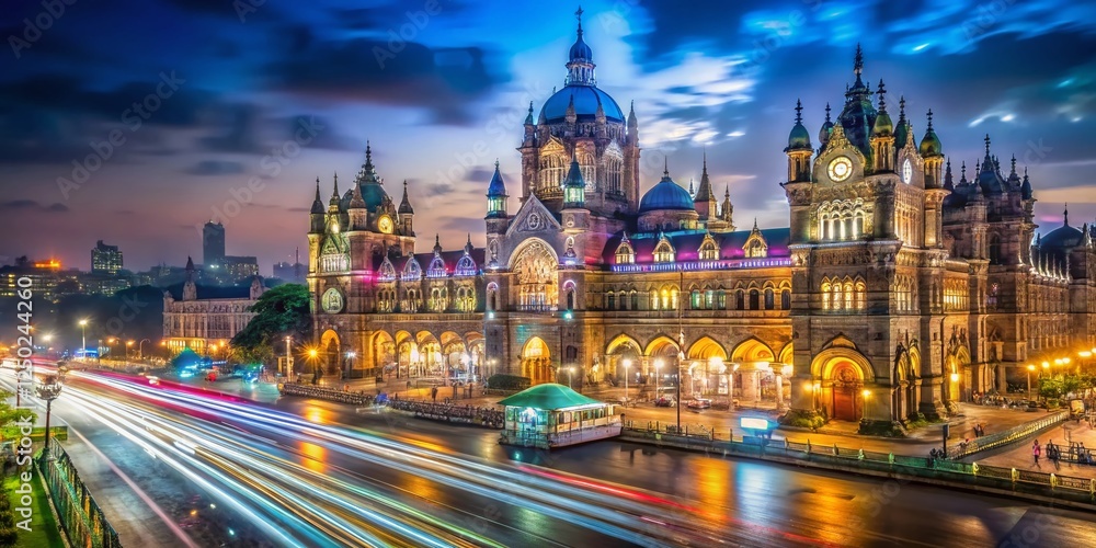 Obraz premium Mumbai Nightlapse: Chhatrapati Shivaji Maharaj Terminus Double Exposure