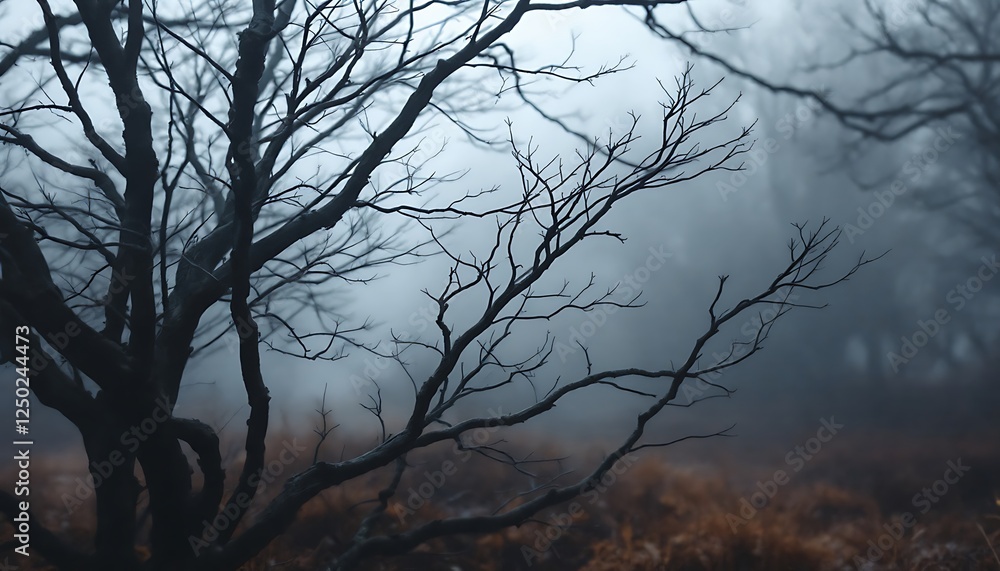 Misty Forest: Silhouette of a Bare Tree in Eerie Blue Misty Forest: Silhouette of a Bare Tree in Eerie Blue