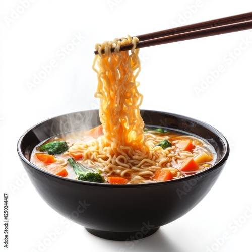 Ramen noodles in a bowl, chopsticks lifting strands, steaming hot soup photo