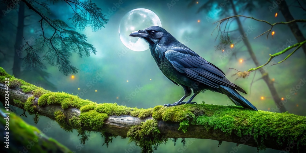 Fototapeta premium Mysterious Raven in Moonlit Forest - Eerie Night Scene Stock Photo