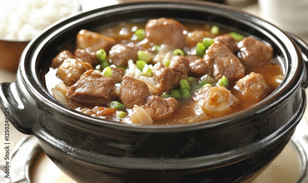 Steaming beef stew in a pot with rice; a delicious meal Steaming beef stew in a pot with rice; a delicious meal
