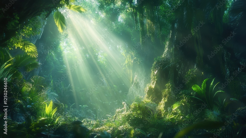 Fototapeta premium Lush Tropical Rainforest Scene with Sunbeams Filtering Through Canopy